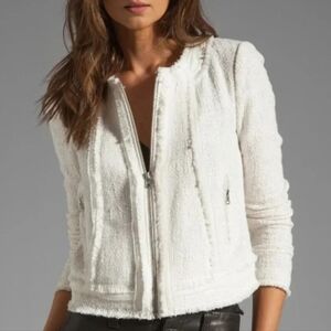 Rebecca Taylor White Tweed Zip Up Jacket Size Small